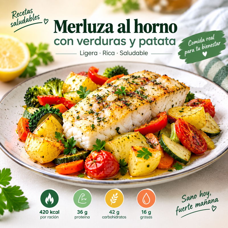 Merluza al horno con verduras y patata