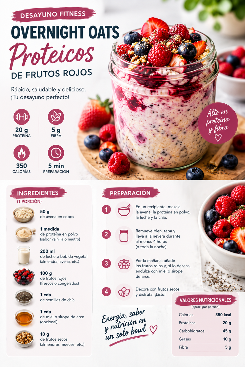 Overnight oats proteicos de frutos rojos