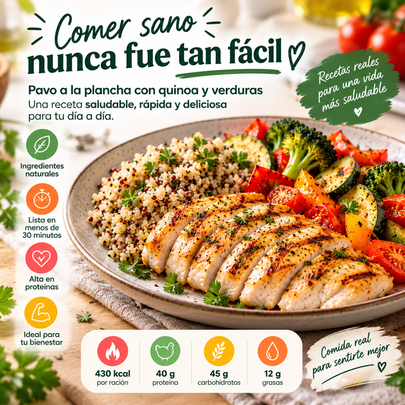 Pavo a la plancha con quinoa y verduras .