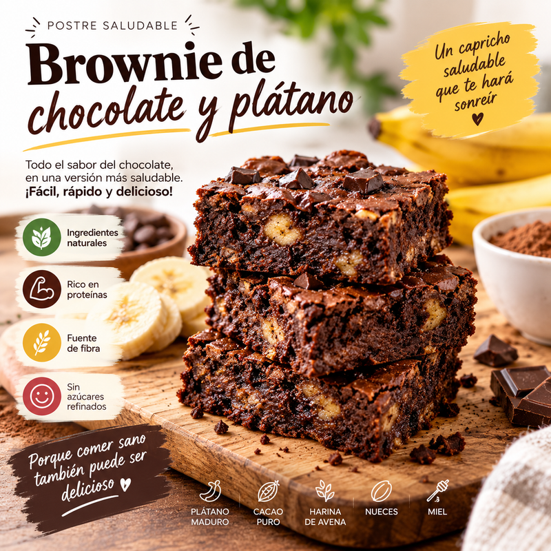 Brownie saludable de chocolate y plátano