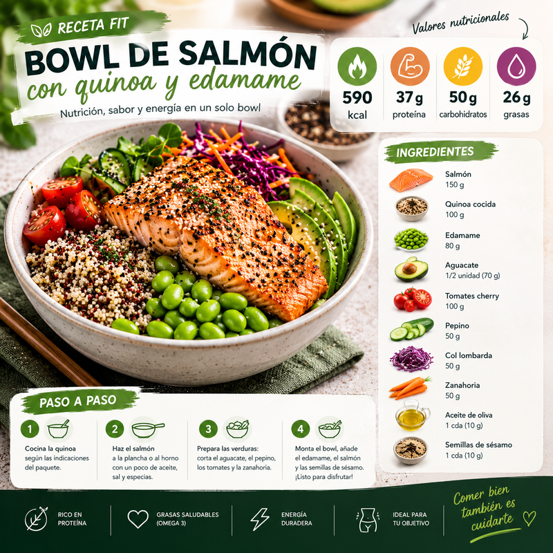 Bowl de salmón con quinoa y edamame